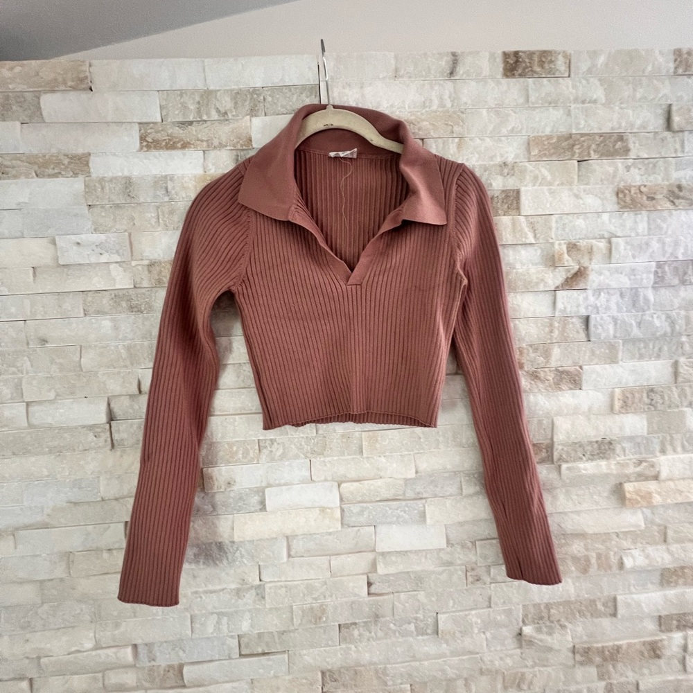 Pink Ribbed Long Sleeve Polo Crop Top